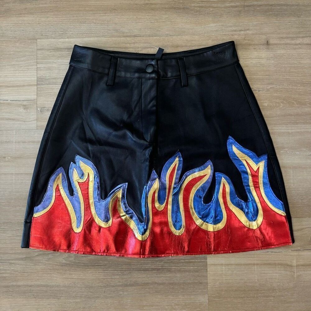 Dolls Kill Kiki Riki Women's S Faux Leather Flame Print Mini Skirt Alt Gothic